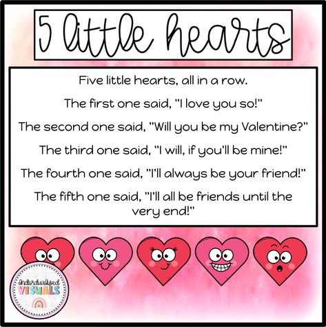 Are you looking for a cute Valentines Day song to include in your special education music class or preschool class? Check out this 5 Little Hearts song! Your students will love following along to this song using the five little hearts adapted book and colouring sheet! Valentines Day Circle Time Activities, Valentines Curriculum For Toddlers, Valentine’s Day Songs, Valentines Day Songs For Toddlers, Valentines Circle Time Preschool, Valentine Songs Preschool, Preschool February Themes, February Crafts For Preschoolers, Math Rhymes