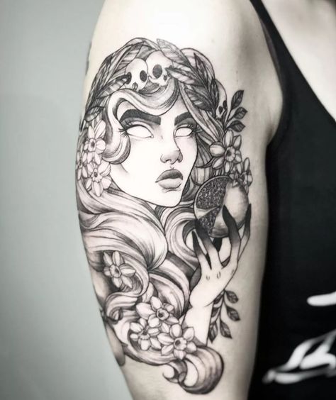 Persephone Persephone Realism Tattoo, Greek Goddess Art Persephone, Neo Traditional Persephone Tattoo, Persephone Tarot Card Tattoo, Goddess Inspired Tattoo, Goddess Persephone Tattoo, Artimus Greek Goddess Tattoo, Hera Greek Goddess Tattoo, Perspherone Goddess Tattoo