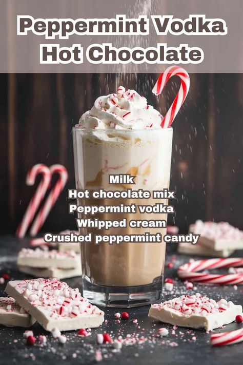 A mug of Peppermint Vodka Hot Chocolate topped with whipped cream and crushed peppermint candies in a festive setting. Peppermint Hot Chocolate Cocktail, Dirty Hot Chocolate, Peppermint Vodka Drinks Smirnoff, Peppermint Vodka Drinks, Toasted Marshmallow Syrup, Winter Vodka Cocktails, Vodka Hot Chocolate, Alcoholic Hot Chocolate, Marshmallow Syrup