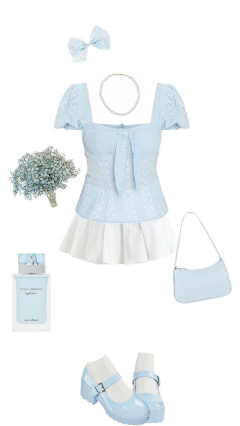 Txt Concert Outfit Blue And White, Sage Green Coquette Outfit, Blue Core Outfits, Blue Feminine Outfit, Light Blue Coquette Outfit, Blue Girly Outfits, Light Blue Outfit Aesthetic, Blue Coquette Outfit, Light Blue Outfit Ideas