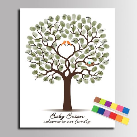 Guest Book Fingerprint Signature Tree Painting Family Birds Canvas Painting Fingerprint Baby Shower Gift Thumbprint Tree Wedding, Guest Book Fingerprint, Fingerprint Guest Book Wedding, Wedding Fingerprint Tree, Guest Book Canvas, Fingerprint Wedding, Diy Guest Book, Wedding Tree Guest Book, Tree Painting Canvas