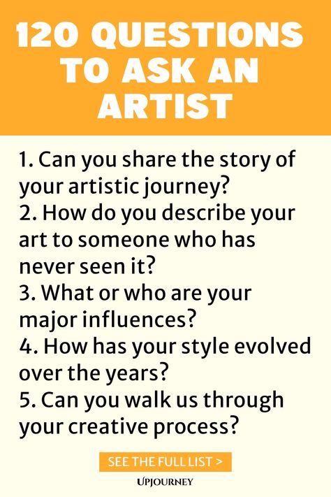 Explore the creative minds of artists with this comprehensive list of 120 thought-provoking questions to ask. Delve into their inspirations, techniques, and artistic journey through engaging conversations. Perfect for art enthusiasts, interviewers, or those seeking insightful discussions with artists. Start nurturing inspiring dialogues today! Artist Interview Questions, Questions For Artists, Artist Management Music, Work Etiquette, Psychology Terms, Interview Questions To Ask, Deep Questions To Ask, Instagram Questions, Friendship And Dating