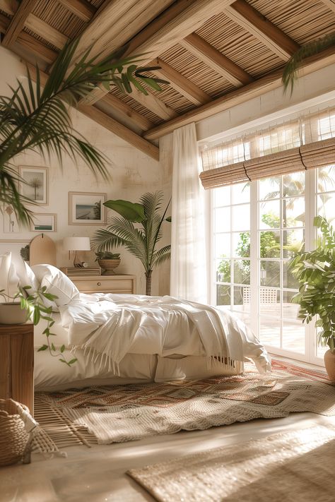 Create a bright and breezy summer bedroom with white bedding and wooden floors. Enhance the fresh look with green plants. Visit our blog for more tips on how to refresh your bedroom for summer. Bedroom Ideas Green And White, Tropical Room Ideas Bedroom, Garden Themed Bedroom, Bedroom With White Bedding, Tropical Bedroom Ideas, Hawaiian Bedroom, Bedroom Wooden Floor, Tropical Bedroom, Boho Bungalow