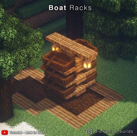 Minecraft River Decoration, Porch Ideas Minecraft, Boat Deck Minecraft, Boat Design Minecraft, Minecraft Boat Storage, Boat Racks Minecraft, Modern Minecraft Village, Minecraft Interior Design Cottagecore, Minecraft Bed And Breakfast