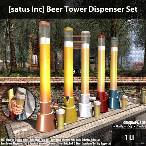 New Release: Beer Tower Dispenser Set by [satus Inc] Beer Tower Dispenser, Beer Tower, Beer Glass, New Release, New Releases, News Release, Second Life, Taper Candle, Red Blue