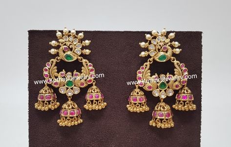 Nakshi Chandbali Earrings, 3 Jhumka Earrings Gold, Uncut Chandbali Earrings, Diamond Chandbali Earrings Indian, Chandbali With Jhumka Gold, Peacock Chandbali Earrings Gold, Uncut Earrings Gold, Nakshi Kundan Earrings, Chandbali Butta Earrings