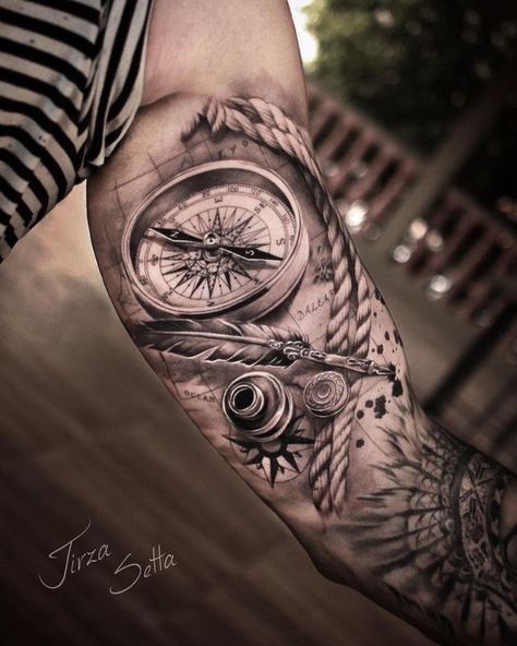 Ship Tattoo Sleeves, Inside Bicep Tattoo, Compass And Map Tattoo, Rope Tattoo, Inside Of Arm Tattoo, Compass Tattoo Men, Nautical Tattoo Sleeve, Pocket Watch Tattoos, Inner Bicep Tattoo