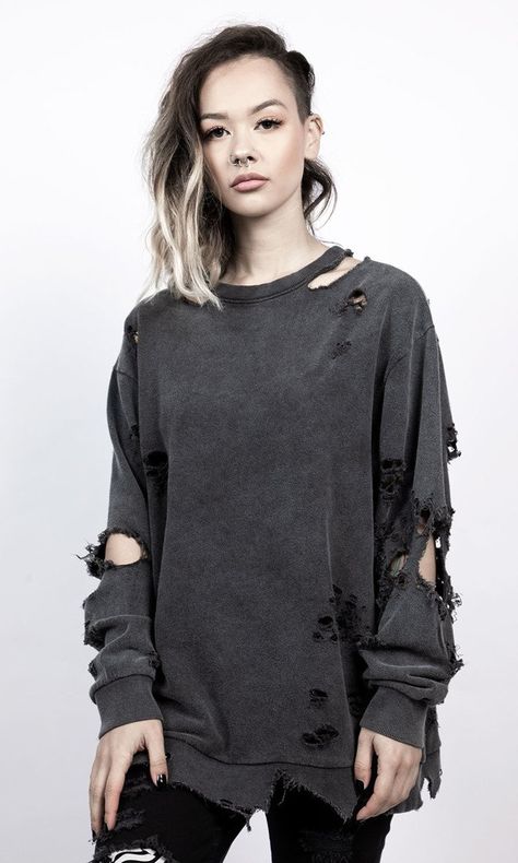 Disturbia Clothing, Grunge T Shirts, Subculture Fashion, Ripped Shirt, Grunge Tops, Dark Wardrobe, Ripped Shirts, Damaged Clothes, Womens Outerwear