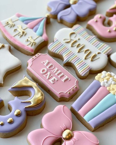 Carousel Cookies Decorated, Pink Carnival Birthday Party Decorations, Carnival Birthday Party Pink, Pastel Carousel Birthday Party, Carnival Birthday Cookies, Pastel Carnival Birthday Cake, Girly Carnival Birthday Party, Pink Circus Theme Party, Pastel Carnival Theme Cake