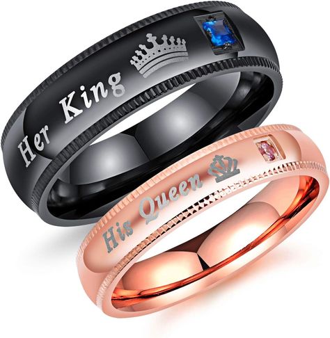 Amazon.com: Iflytree 2pcs His and Her Matching Promise Rings for Couples Bridal Sets Balck Rose Gold Stainless Steel His Queen Her King Wedding Engagement Anniversary Band for Him and Her,Gift Box Package : Clothing, Shoes & Jewelry Crown Promise Ring, Matching Promise Rings, Ring For Boyfriend, Her King, Set Couple, His Queen, Mens Valentines Gifts, Couples Gifts, Romantic Rings