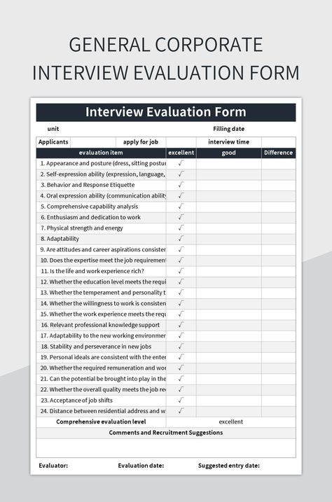 General corporate interview evaluation form Interview Evaluation Form, Interview Template, Evaluation Form, Career Aspirations, Education Level, Spreadsheet Template, Fashion Portfolio, Excel Templates, Google Sheets