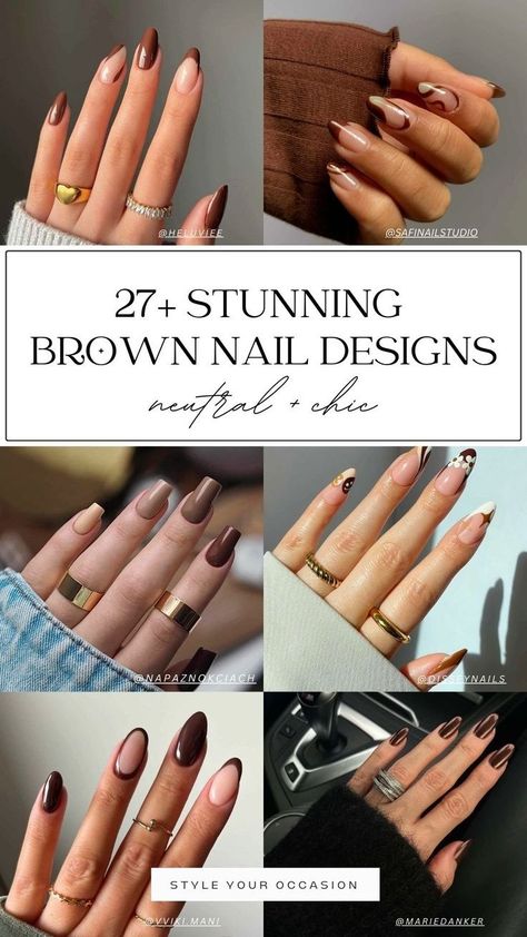 27+ chic brown nail designs for fall 2023. Check out our collection of 27+ brown nails, including short, light, and dark brown styles. We've got simple, coffin, almond, and square-shaped brown nails, plus fall brown gel nails, and more! Click to catch the 2023 fall nail trends you won't want to miss. Light Brown And Dark Brown Nails, Dark Brown Nails Designs Short, Brown Fall Nails Short, Fall Almond Nails Ideas Brown, Brown Spring Nails, Brown Nails Almond Shape, Brown Gel Manicure, Brown Gel Nails Designs, Brown Nails Design Short