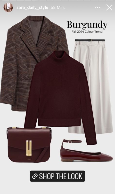 Burgundy Turtleneck Outfits, Burgundy Trousers Outfit, Burgundy Dress Outfit, Mary Janes Outfit, Burgundy Accessories, Burgundy Turtleneck, Turtleneck Outfits, Burgundy Trousers, Checkered Blazer