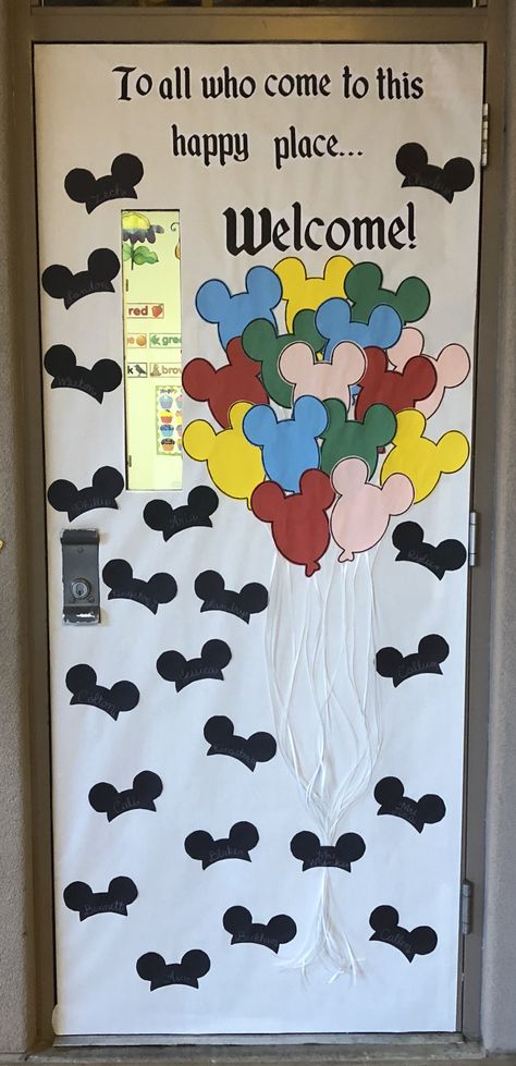 Mickey Hat and Mickey Balloon Classroom Door Decoration Disney Doors Classroom, Disney Clip Art Free, Preschool Classroom Themes Disney, Welcome Back To School Disney Theme, Mickey Door Decoration, Magic Kingdom Themed Classroom, Classroom Door Disney, Mickey Classroom Door, Disney Classroom Theme Decor