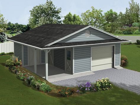 Jaceycrest Garage With Porch One-car garage has a covered porch and extra storage from houseplansandmore.com Backyard Garage And Patio, Garage With Porch, Pole Garage, Garage Detached, Cabin Garage, Garage Inspiration, Car Porch Design, Sheds Ideas Backyard, Garage Extension