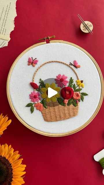 Hand Embroidered Tulips, Embroidery Jasmine Flower, Bougainvillea Embroidery, Embroidered Basket Of Flowers, Flower Basket, Hoop Art, Gorgeous Design, Embroidery Flowers, Embroidery Hoop