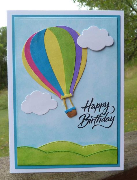 A7 card designed & made by Karen Margotta. See Karen's Kards on Pinterest or Art Deco Diva on splitcoaststampers.com. Cards With Hot Air Balloons, Hot Air Balloon Cards Handmade, Hot Air Balloon Card, Eco Dyeing Fabric, Diy Hot Air Balloons, Balloon Cards, Flower Crafts Kids, Balloon Card, Heart Birthday