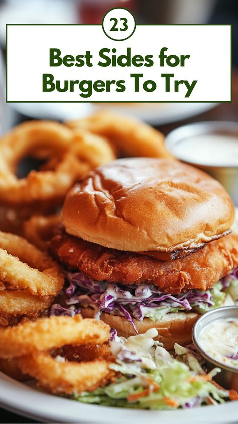 Crispy fries, onion rings, fresh salads, and creamy coleslaw served as delicious sides next to a burger on a plate. Sides Dishes For Burgers, Best Sides For Burgers, Sides For Burgers, Burger Sides, Burger Side Dishes, Veggie Options, Tasty Burger, Burger Ideas, Best Sides