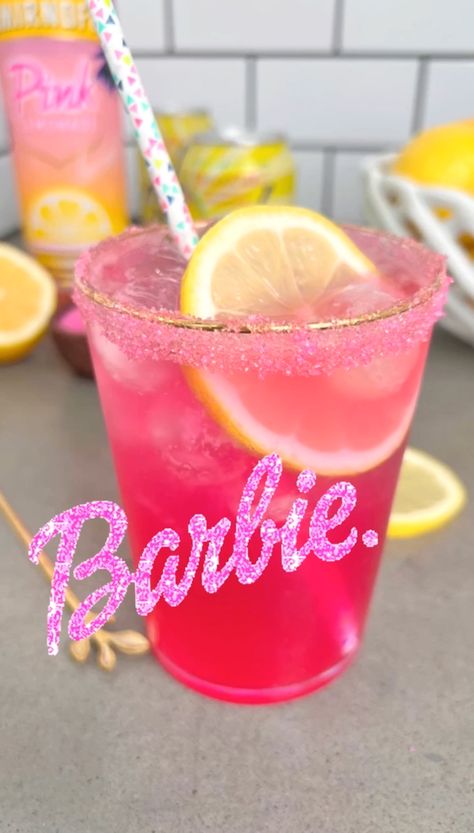 Spiked Pink Lemonade Barbie Drink Pink Barbie Mocktails, Barbie Pink Lemonade, Pink Pirate Drink, Pink Jungle Juice Recipe, Sparkly Pink Lemonade, Barbie Party Finger Foods, Barbie Shake Recipe, Drunk Barbie Birthday Party, Barbie Themed Food Dinner