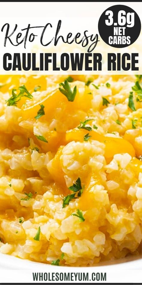 Cheesy Cauliflower Rice Recipe | Wholesome Yum Cauliflower Rice Mac And Cheese, Riced Califlower Recipes, Cheesy Cauliflower Rice, Keto Cauliflower Rice, Side Dishes For Fish, Keto Mac And Cheese, Cauliflower Rice Recipe, Recipes Cauliflower, Bbq Fish