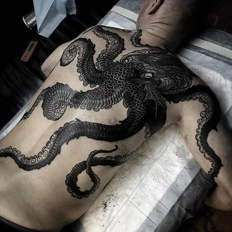 Octopus Tattoo by Rakov Serj                                                                                                                                                                                 More Tentacle Tattoo, Gotik Tattoo, Kraken Tattoo, Squid Tattoo, Backpiece Tattoo, Russian Tattoo, Octopus Tattoo Design, Octopus Tattoos, Tattoos Geometric