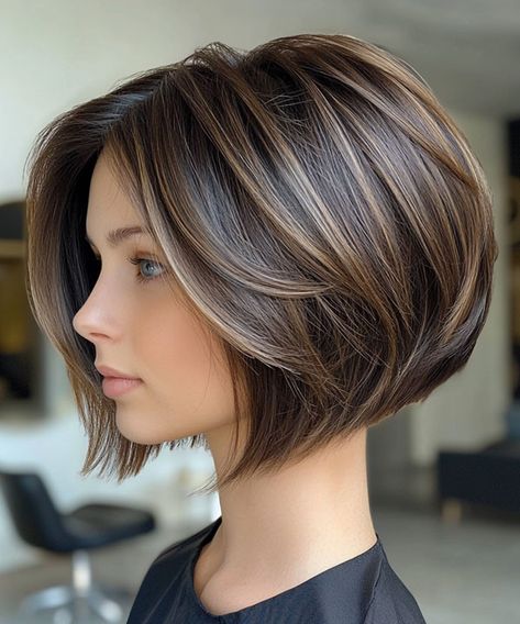 Polished Brunette Stacked Bob, bob hairstyle, bob haircut Medium Stacked Bob Hairstyles, Long Stacked Bob, Soft Caramel Highlights, Hairstyle Bob, Bobbed Hairstyles With Fringe, Cute Bob Hairstyles, Stacked Bobs, Tousled Bob, Stacked Bob