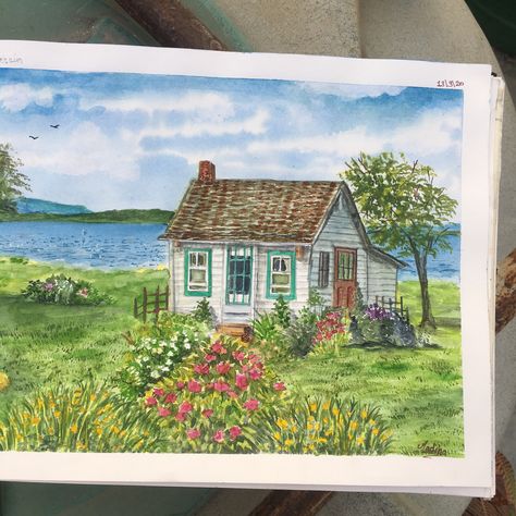 Cottage Watercolor Painting, Sunset Painting Tutorial, Gardening Cards, Canvas Painting Ideas For Beginners, Watercolor Scenery, Black Canvas Paintings, Painting Ideas For Beginners, Home Colour, Canvas Art Projects