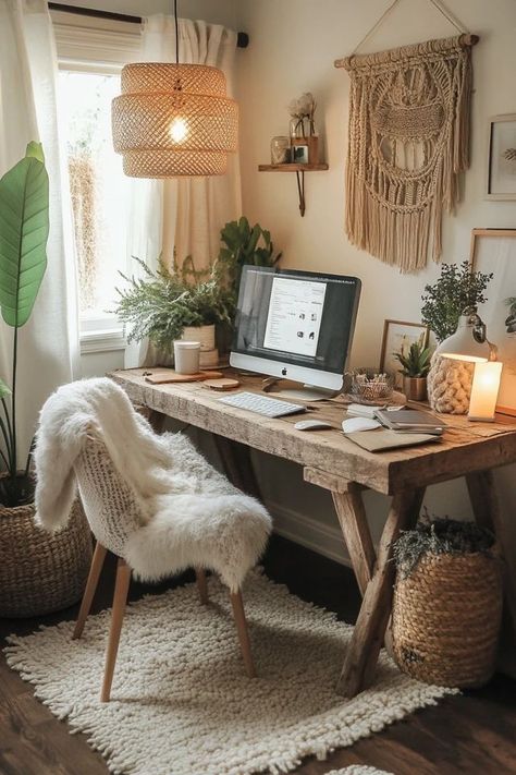 "Bring the comfort of Hygge into your home office! 🛋️🔥 Perfect for creating a space that’s both functional and full of warmth. 🌟✨ #HyggeHome #CozyOffice #HomeInspiration" Hygge Office At Home, Boho Therapy Office, Danish Interior Design Hygge, Office Ideas Cozy, Home Office Boho Chic, Earthy Office Decor, Rustic Office Ideas, Sw Natural Linen, Hygge Home Office