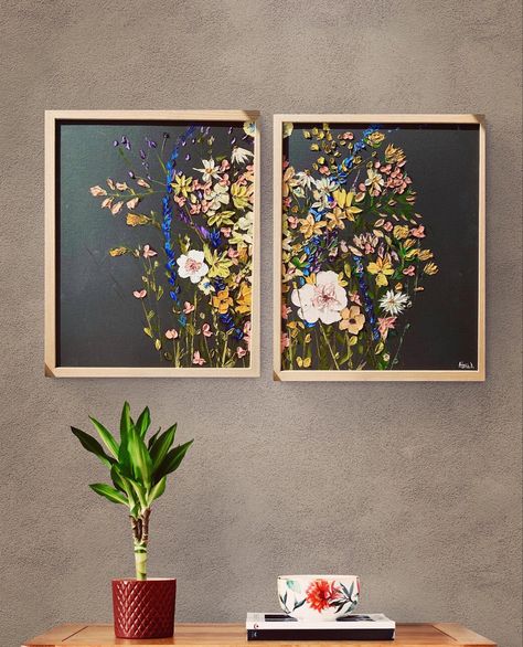 Atena Diac | Oil paintings on Instagram: ““Summer in the Light and Winter in the Shade” is a diptych, a set consisting of two original artworks that together create a singular art…” Dried Petals In Frame, Dried Flowers On Canvas Wall Art, Oshibana Art Pressing Flowers, Shadowbox Dried Flowers, Framed Floral Art, Pressed Flower Wall Art Large, Flower Petal Art, Pressed Flowers Diy, Pressed Flower Crafts