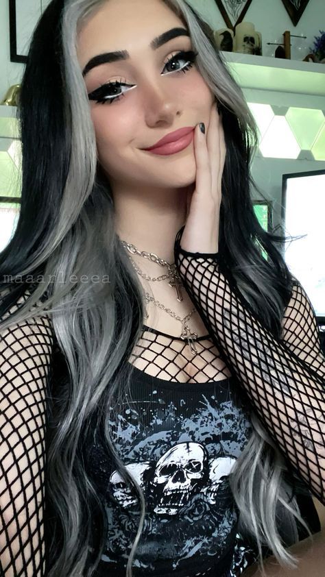 Hair Cookies, Black Hair With Silver Highlights, Silver And Black Hair, White And Black Hair, Egirl Hair, Black And Silver Hair, Alt Hair, Edgy Hair Color, Hair Halo