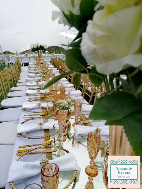 Traditional Ceremony Decor, White And Gold Engagement Party Decor, Umembeso Decor Table Settings, White And Gold Table Decor, Umembeso Decor, Lobola Decor, Gold Theme Party Decorations, African Wedding Theme, Emerald Green Wedding Theme