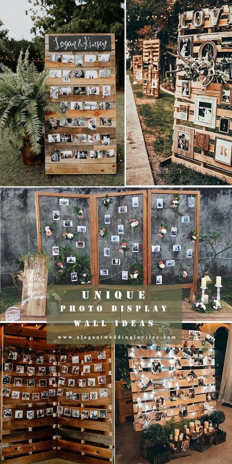 Wedding Photo Display At Reception Decor, Rustic Photo Display Wedding, Photo Displays For Wedding, Pallet Photo Wall Wedding, Photo Display Wall For Party, Outdoor Wedding Rustic Decor, Photo Wall Board Ideas, Photo Display For Engagement Party, Backdrop With Pictures Hanging