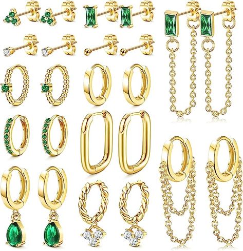 💕[Earring Sets for Multiple Piercings] One order you will get 12 pairs Gold Plated Earrings Sets for Multiple Piercings, including 4 pairs Green Small Cubic Studs, 6 pairs huggie and dangle hoop earrings, 2 pairs Chain Hinged Dangle Hoop Earrings. Gold Earrings Set are Perfect Gold Jewelry Sets for Women, Never be Out of Style. Earring Sets For Multiple Piercings, Green Earring, Multiple Earrings, Multiple Piercings, Earring Sets, Gold Jewelry Sets, Dangle Hoop Earrings, Emerald Earrings, Green Earrings