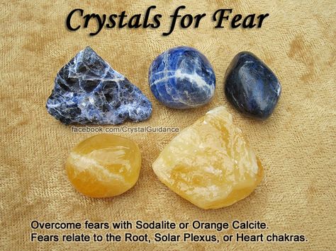 Crystals for Fears — Overcome fear with Sodalite or Orange Calcite. Carry your preferred crystal with you as needed. —  Root fears = security or change. Solar Plexus fears = peronal power. Heart fears = emotional or relationship. Also take note of where in your body you feel the fear. For many it will be in either the Solar Plexus or the Heart. Take several deep breathes and hold your crystal to this area to help you calm down and relax. Gray Witch, Different Types Of Crystals, Types Of Crystals, Orange Calcite, Crystal Therapy, Crystal Healing Stones, Les Chakras, Crystal Magic, Crystal Meanings