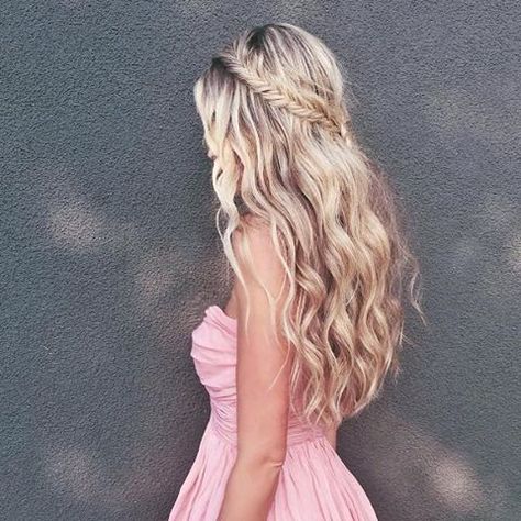 @carajourdan is the ultimate Girl Next Door in a pink sweetheart dress  and a twisted half up crown braid . She finishes off with loose beach waves to add a flirty touch to her sweet look . #hairoftheday #NuMeStyle #braid Dirndl Hairstyles, Dance Hairstyles, Fishtail Braid, Braided Hairstyles For Wedding, Long Blonde, Formal Hairstyles, Long Blonde Hair, Fish Tail Braid, Wedding Hair And Makeup