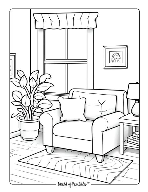 Room Coloring Pages, Easy Coloring Pages For Kids, Relaxing Corner, Drawing Colouring, Coloring Contest, House Colouring Pages, Interior Design Sketches, Easy Coloring, Colouring Printables