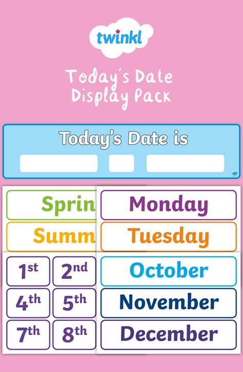 This display banner will brighten up your wall and get your class actively remembering the date! With changeable days, months and seasons cards, this is a great way to involve your class and reinforce their learning of the days and months of the year. Just one of the ready-made numeracy display packs available from Twinkl - click to download!  #displaypack #teachingresources #daysoftheweekactivities #monthsoftheyear #calenderideasforchildren #displayinspiration #eyfs #twinkl #twinklresources Day And Date Display Classroom, Todays Date, Numeracy Display, Chart For Classroom, Days Of The Week Activities, Let It Go Lyrics, Months And Seasons, Dates Ideas, Meet The Teacher Template