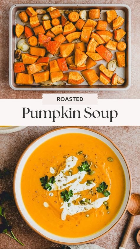 This wonderfully creamy and aromatic roasted pumpkin soup recipe is one of the best things fall has to offer! It’s warming, delicious, low in calories, and packed with vitamins! What To Do With Roasted Pumpkin, Roasted Pumpkin Soup Recipe Butternut Squash, Creamy Roasted Pumpkin Soup, Roast Pumpkin Soup Recipe, October Soup Recipes, Pumpkins Soup Recipes, Homemade Pumpkin Soup Recipe, Pumpkin Soup With Real Pumpkin, Soup And Cornbread Recipes