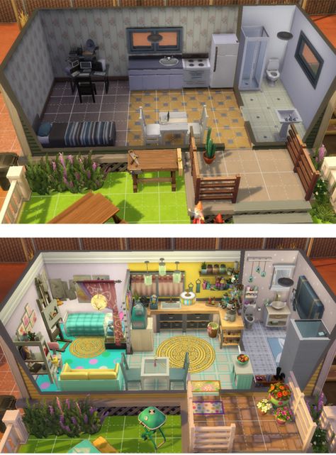 Beginner Sims 4 House Layout, Sims 4 Trailer House Interior, Sims 4 Trailer House Layout, Tiny Living Sims 4, Sims 4 Camper, Sims 4 Trailer House, Sims 4 Trailer, Sims Building Ideas, Tiny House Sims 4