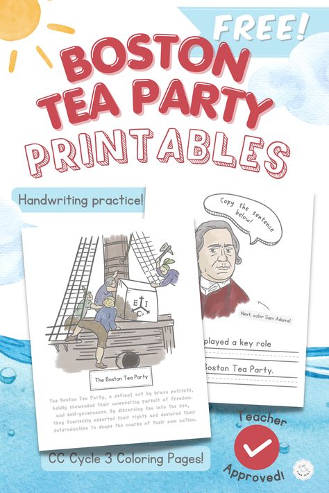 These CC cycle 3 History printable PDFs include engaging print and cursive handwriting pages featuring the Boston Tea Party and Sam Adams, plus two delightful coloring pages. Perfect for enhancing your child's understanding of this pivotal historical event. Download now and make learning fun! Boston Tea Party Theme, Boston Tea Party Project, Boston Tea Party Activities, Boston Tea Party Lesson, Tea Party Printables, Third Grade Homeschool, Tri Fold Poster, Tea Party Crafts, History Notebook