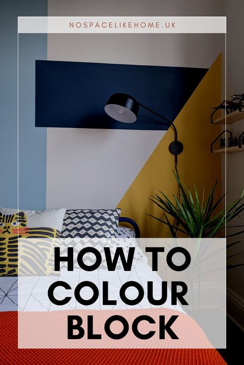 Blue and yellow colour blocks behind bed 2 Colours Wall Paint, Cozy Living Rooms Colour Schemes, Colour Blocking Walls Bedroom, Color Block Walls Bedroom, Paint Colour Blocking, Colour Block Feature Wall, Wall Colour Blocking, Color Block Home Office, Colour Blocking Bedroom Walls