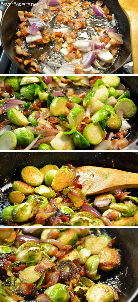 Sautéed Brussels Sprouts with Bacon and Onions - Beyer Beware Sauteed Brussels Sprouts, Sautéed Brussels Sprouts, Sauteed Brussel Sprouts, Fried Bacon, Asparagus Dishes, Brussels Sprouts With Bacon, Asparagus Recipes, Bacon Brussel Sprouts, Vegetable Side Dishes Recipes