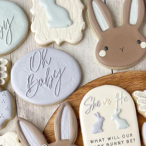 Gender Reveal Ideas Bunny Theme, Bunny Theme Gender Reveal, Bunny Gender Reveal Ideas, Bunny Baby Shower Cookies, Baby Shower Bunny Theme, Bunny Themed Baby Shower Ideas, Rabbit Gender Reveal, Bunny Baby Shower Ideas, Bunny Gender Reveal