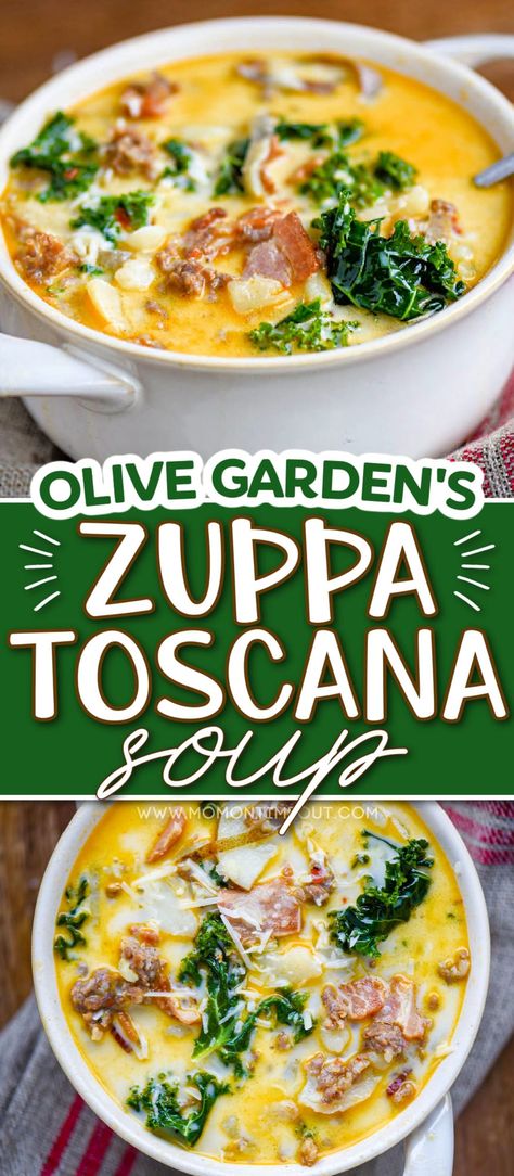 Zuppa Toscana is a creamy, hearty soup loaded with bacon, sausage, potato and kale. This one pot Zuppa Toscana soup recipe comes together quickly and is so filling and delicious - sure to be a hit with the whole family! // Mom On Timeout Zupa Toscana, Olive Garden Zuppa Toscana Soup, Zuppa Toscana Soup Olive Garden, Olive Garden Zuppa, Olive Garden Soups, Olive Garden Zuppa Toscana, Tuscan Soup, Zuppa Toscana Soup, Toscana Soup