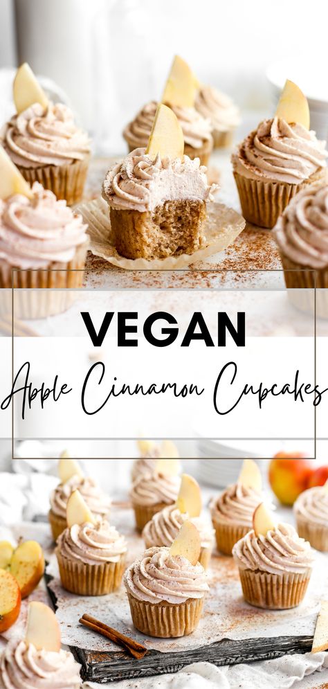 These vegan apple cinnamon cupcakes are to die for! The cake is infused with apple cider and topped with cinnamon-swirl buttercream! Fall perfection in a paper wrapper! #fallbaking #vegancupcakes #vegandessertrecipe #appledessert #applecupcakes #cupcakephotography Vegan Apple Pie Cupcakes, Vegan Apple Cider Cupcakes, Best Vegan Cupcake Recipe, Vegan Gf Cupcakes, Vegan Fall Cupcakes, Vegan Apple Cupcakes, Vegan Maple Frosting, Dairy Free Pumpkin Cupcakes, Apple Cinnamon Cupcakes