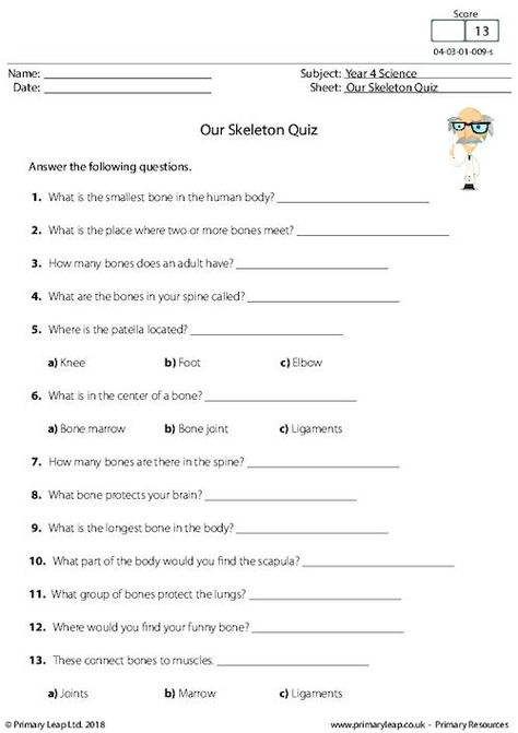 Year-4 Printable Resources & Free Worksheets for Kids | PrimaryLeap.co.uk Skeleton Worksheet Free Printable, Skeleton Worksheet For Grade 3, Human Skeleton Worksheet, Year 5 Science Worksheets, Skeletal System Worksheet Free Printable, Muscles Worksheet, Human Anatomy Worksheets, Teaching Body Systems, Skeleton Worksheet