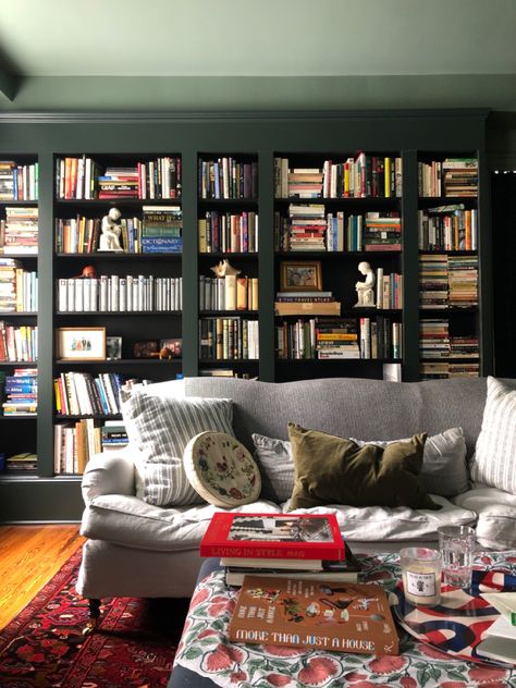 Green Billy Bookcase, Dark Green Bookcase, Studio Green Farrow And Ball, Green Library Room, Green Farrow And Ball, Green Bookcase, Farrow And Ball Living Room, Green Bookshelves, Office Design Inspo