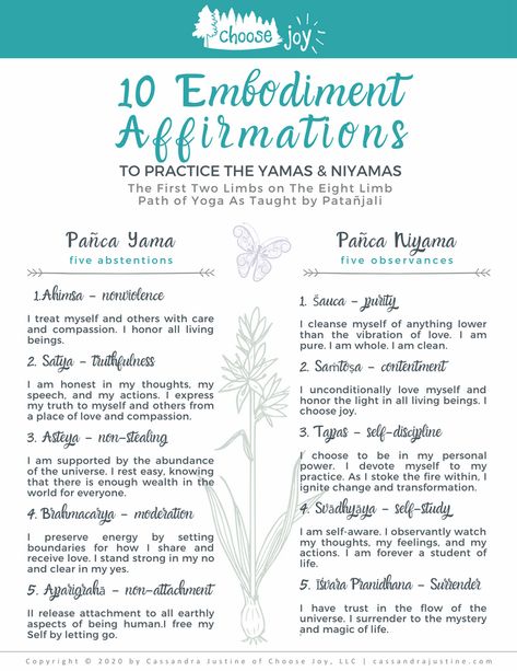 10 Embodiment Affirmations to Practice the Yamas & Niyamas Yamas Niyamas, Ancient Text, Yamas And Niyamas, Yoga Teacher Resources, 8 Limbs Of Yoga, Yoga Themes, Yoga Sutras, Yoga Philosophy, Mala Meditation