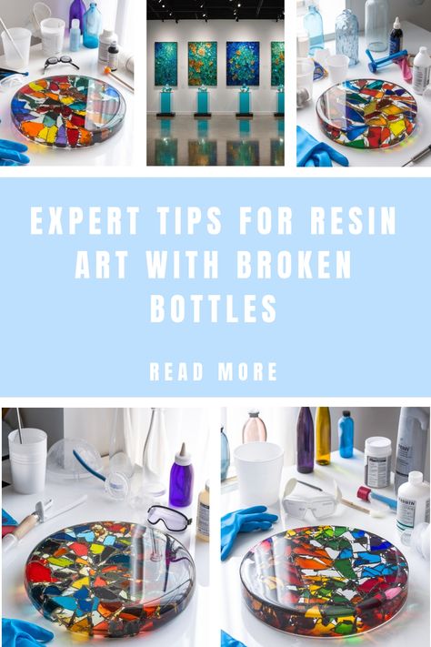 Colorful resin art with broken glass bottles displayed in a gallery setting. How To Use Resin, Resin Techniques, Décoration Diy, Resin Bubble, Trash Into Treasure, Epoxy Projects, Broken Bottle, Resin Creations, Art Basics