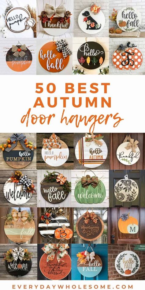 These are 50 Fall Door Hangers for Autumn Season to hang on your door like a wreath for Thanksgiving through Christmas season. Some of this door hanger ideas are wooden, round, pumpkin, wreaths, carved, or painted. Many have ribbons. Most are colored with orange, browns, white, reds and greens. Some are black & white. Some are neutral. Some could be an easy DIY or you can shop this post. #doorhanger #falldoorhanger #fallwreath #falldecor #fallhomedecor #diydoorhanger Fall Door Hangers Diy, Door Hangers Fall, Door Hangers Diy, Idee Cricut, Door Signs Diy, Wooden Door Signs, Fall Door Hangers, Round Wood Sign, Wood Door Hangers